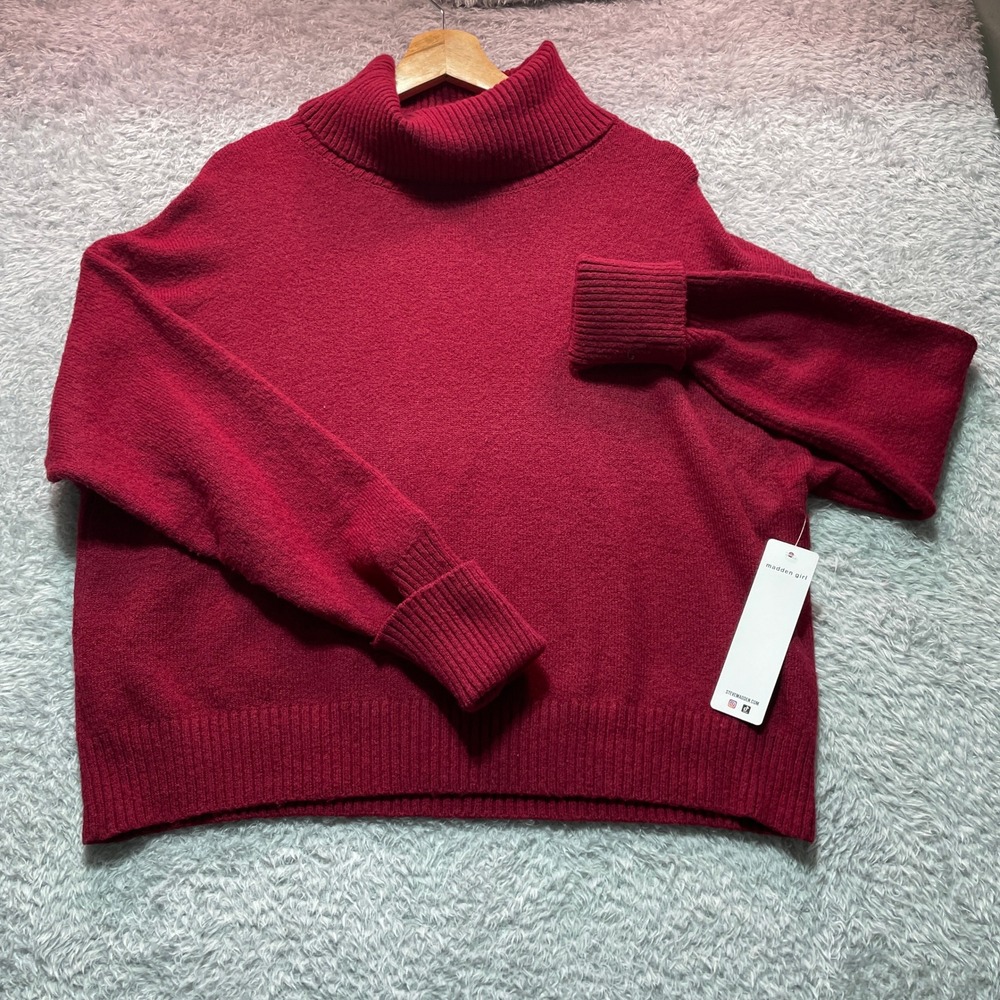 Madden Girl Womens Red Ribbed Turtleneck Oversized Knit Sweater Large NWT